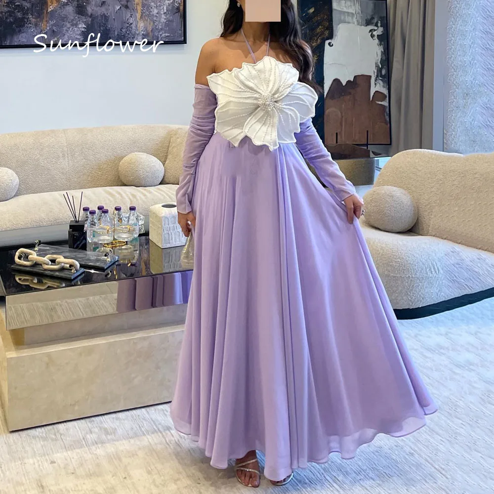 Sunflower Purple Simple Halter 3D Flowers Beading A-LINE Evening Dress Saudi Arabia 2024 Slim Chiffon Floor-Length Prom Dress