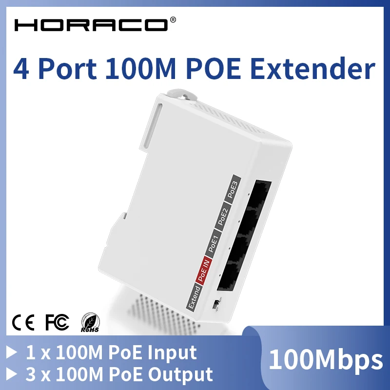 HORACO 4 Port 100M POE Extender DIN Rail Network Switch Repeater IEEE802.3af/at Plug&Play for 48V PoE Switch NVR IP Camera AP