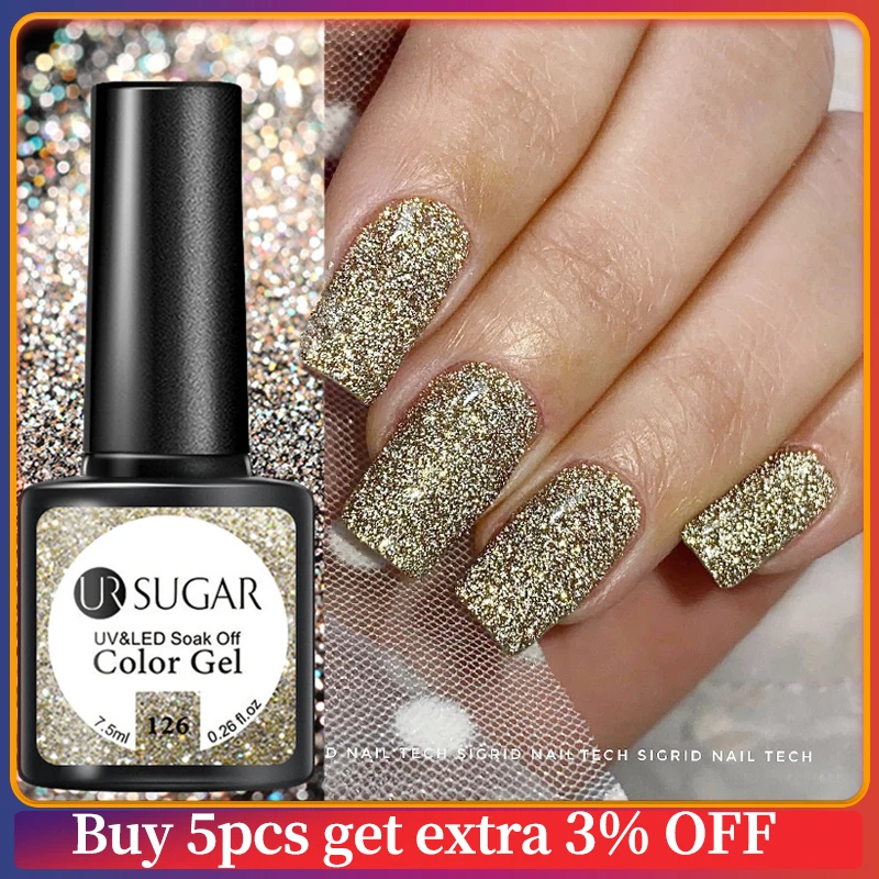 UR SUGAR 7.5ml Champagne Gold Reflective Gel Nail Polish Bright Sparkling Glitter French Semi Permanent Nail Painting UV Gel