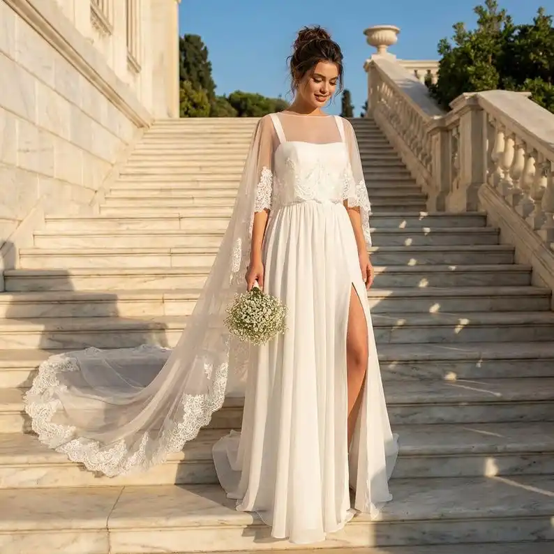 Chiffon Wedding Jackets Bridal Cape Veil Chantilly Lace Edge Sheer Wedding Accessories Dress Cape Handmade Custom Length