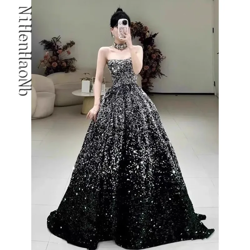 

A-Line Prom Formal Dress for Women 15 Quinceanera Dress Black Sequin Evening Dresses