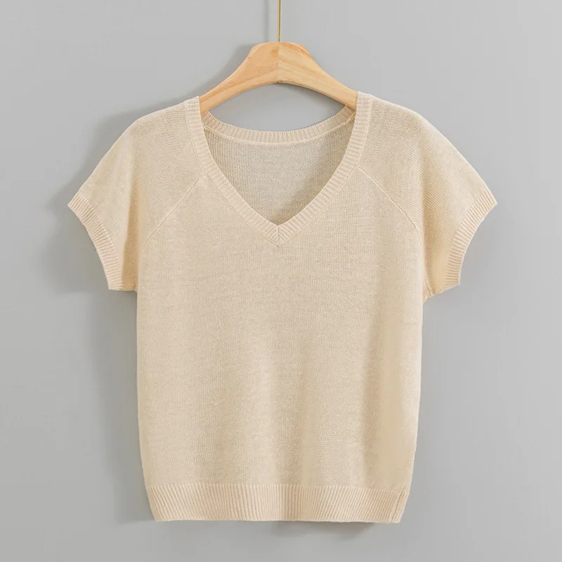 

Refreshing and breathable European full linen V-neck pullover foreign versatile knitted shirt solid color top women