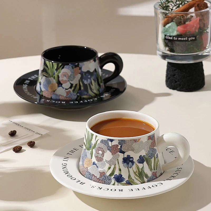 

Retro watercolor art style, fashionable ceramic exquisite coffee cup and plate set, beautiful cup, creative couple cup