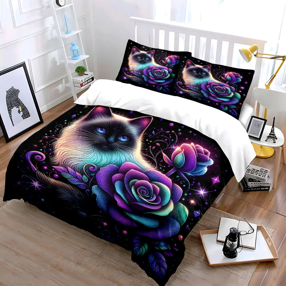 Dreamy Cat and Vibrant Roses Printed Duvet Cover Set1 Duvet Cover+2 PillowcaseMulti Size Bedroom Bedding Decor Luxury gifts