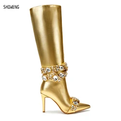 Women's New Pointed Gold Crystal Buckle High Heel Slim Fit Boots Straight Tube Diamond Decoration Knee Long Boots 44