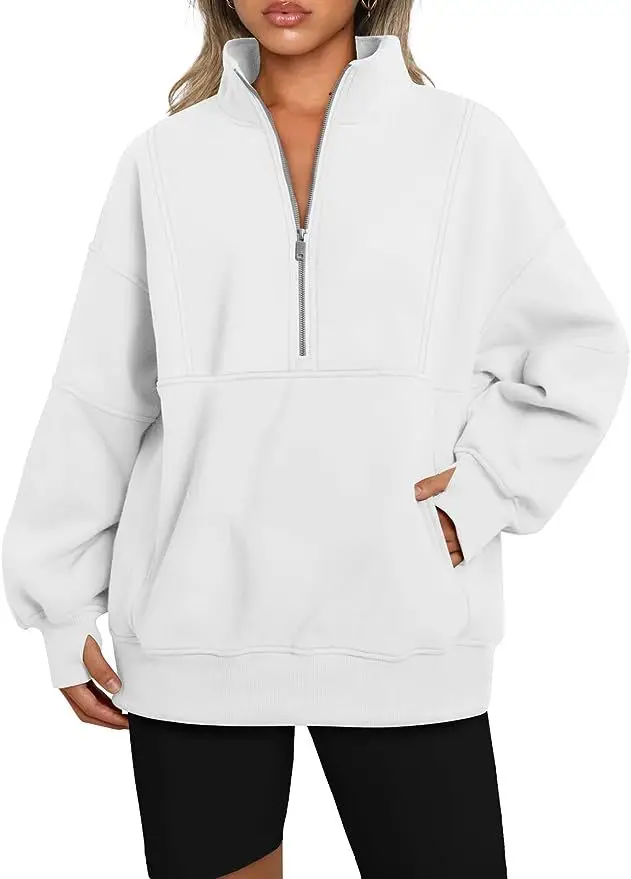 Stand Collar Casual Sweatshirts Half Zip Women Cropped Pullover Thumb Hole Overzised Hoodie Solid Color Plus Size Sports Outfit