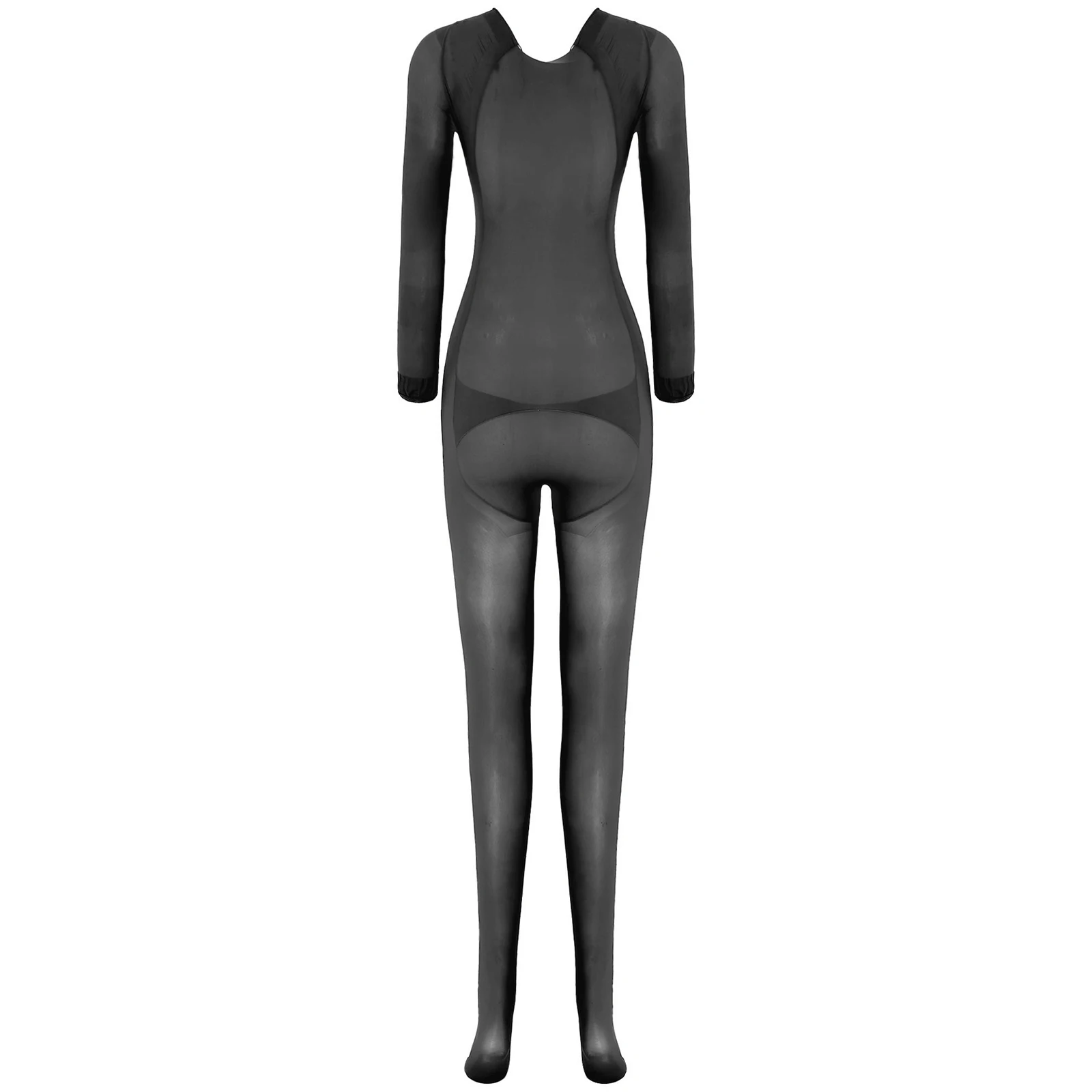 Womens Sexy Lingerie Glossy Sheer Mesh Bodystocking Bodysuit Long Sleeve Buttocks Opening Full Cover Jumpsuit Clubwear Nightwear