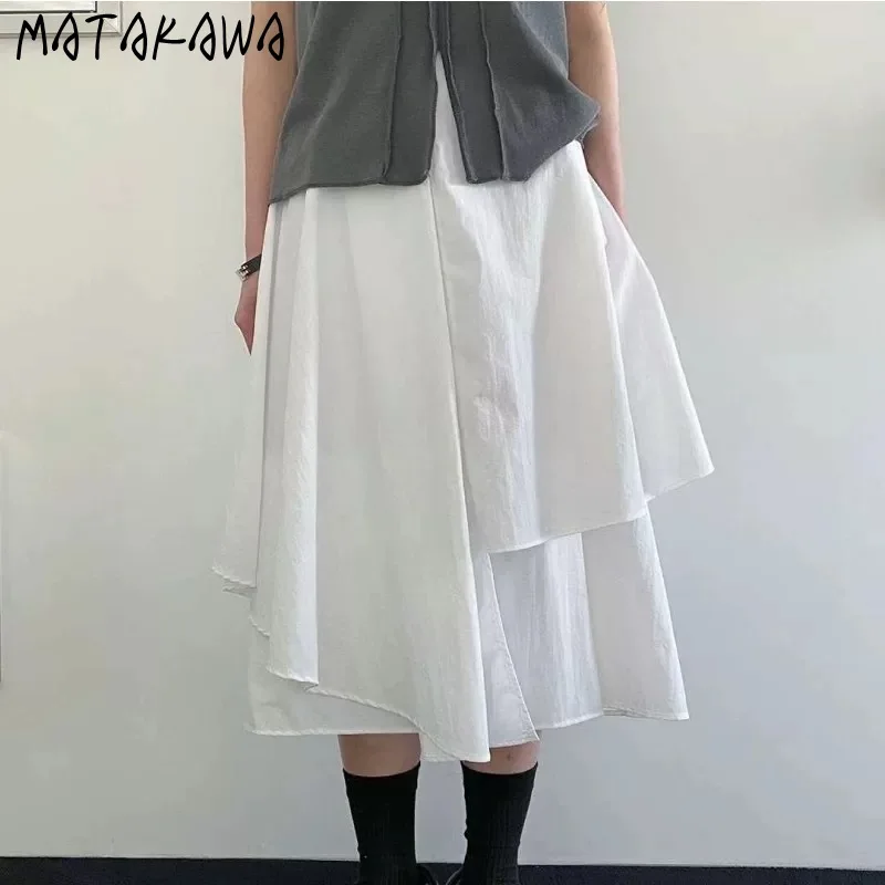 

Matakawa Irregular Skirts Woman Solid Spring Summer Vintage Jupe Femme Korean Fashion High Waist Chic Elegant Long Skirt