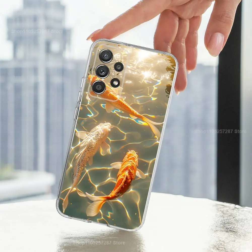Painting Lotus leaf Fish For Samsung A30,71,51,S9,10,20,Ultra,S22,23,21,PIus,FE,Lite,Transparent, Silicone Case