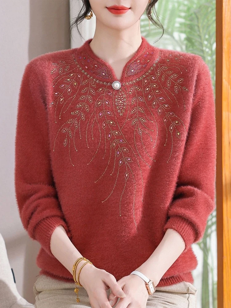 Thickened Mink Velvet Base Shirt Mommy Style Qipao Collar Sweater Women's Fashionable Warm Top Spring Autumn Middle-Aged And ...