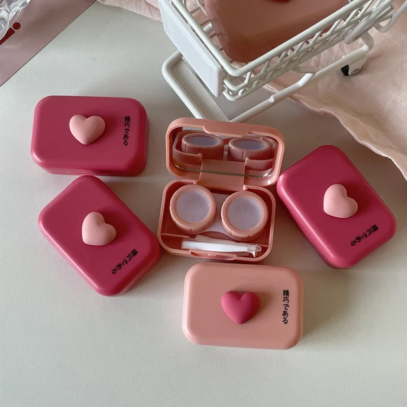 Caja de pupila Rosa pequeña portátil, estuche para lentes de contacto de amor dulce