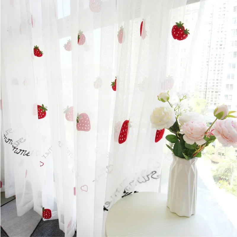 Cute Strawberry Tulle Curtains for Girl Kids Room Curtains Living Room Bedroom Window White Embroidered Sheer