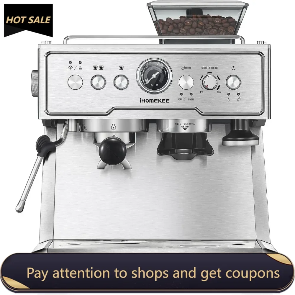 

Espresso Coffee Maker With Grinder，20 Bar Semi-Automatic Espresso Machine With Milk Frother Steam Wand，Cappuccino Latte Machine