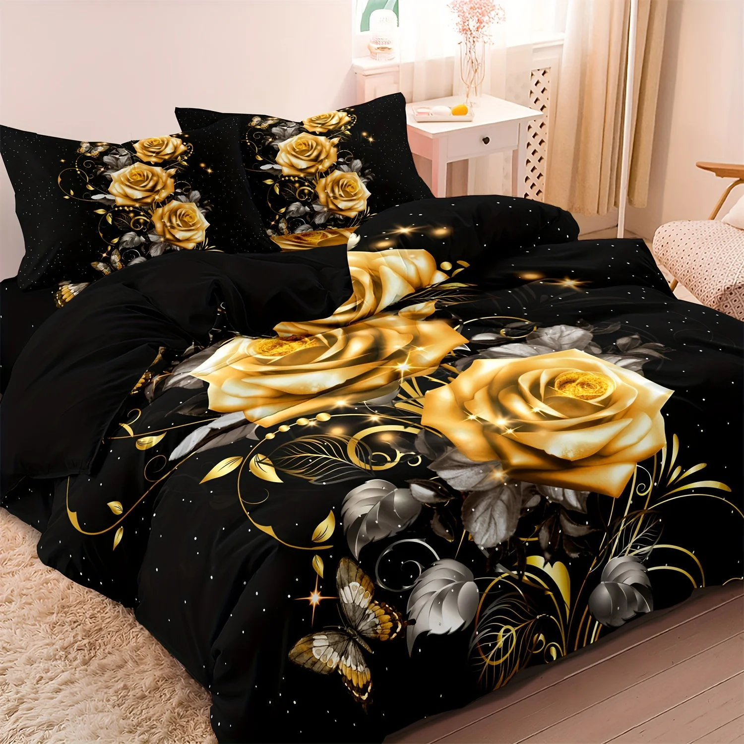 

3pcs Luxurious Golden Rose Butterfly Quilt/Doona/Duvet Cover Set - Soft, Breathable Bedding for Bedroom and Dorm Room Aesthetics