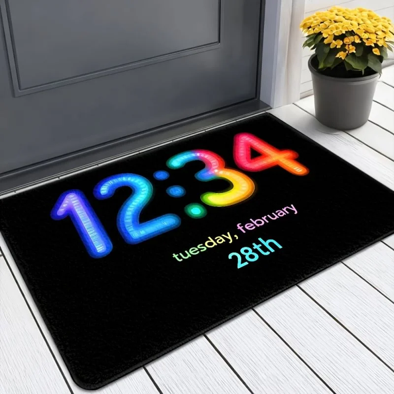 VIKAMA Neon Rainbow Digital Clock Date Quote Art Flannel Door Mat Non Slip Entryway Bedroom Living Room Home Decor Fun Decor