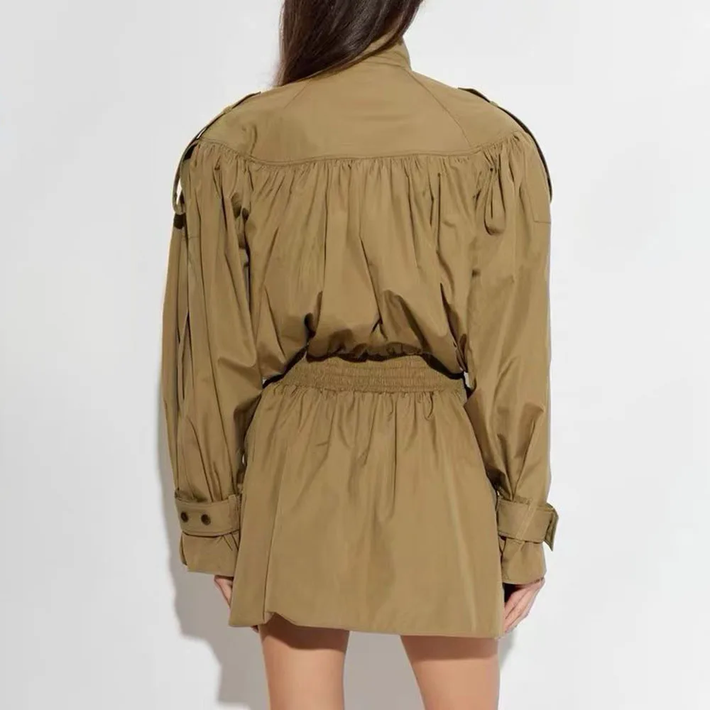 TWOTWINSTYLE Ruffle Spliced Epaulet Loose Jacket for Women Stand Collar Long Sleeve Patchwork Button Casual Jackets Female Style