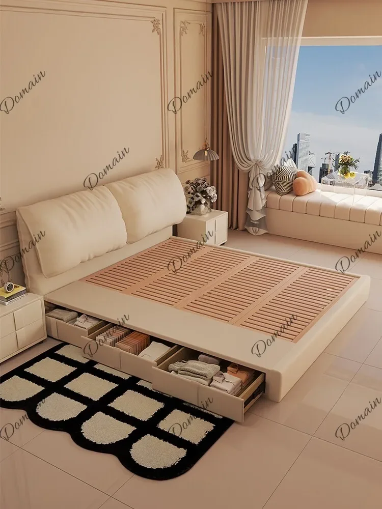 Th Cream Style Elephant Ear Bed Queen Size 1.8m Double Bed Genuine Leather Modern Simple Luxury Storage Wedding