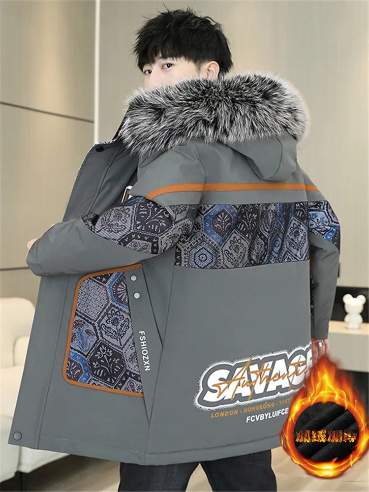 

Men's Fce Lined Thiened Mid-Length Parka Jaet Autumn Winter Faion Brand Print Splicing Caped Outerwear Youth Sle