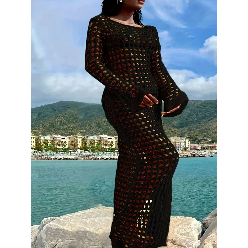 

Женское пляжное платье больших размеров в курортном стиле, свободного кроя, с защитой от солнца, с ажурным дизайном, вязаное, с длинными рукавами, Ro