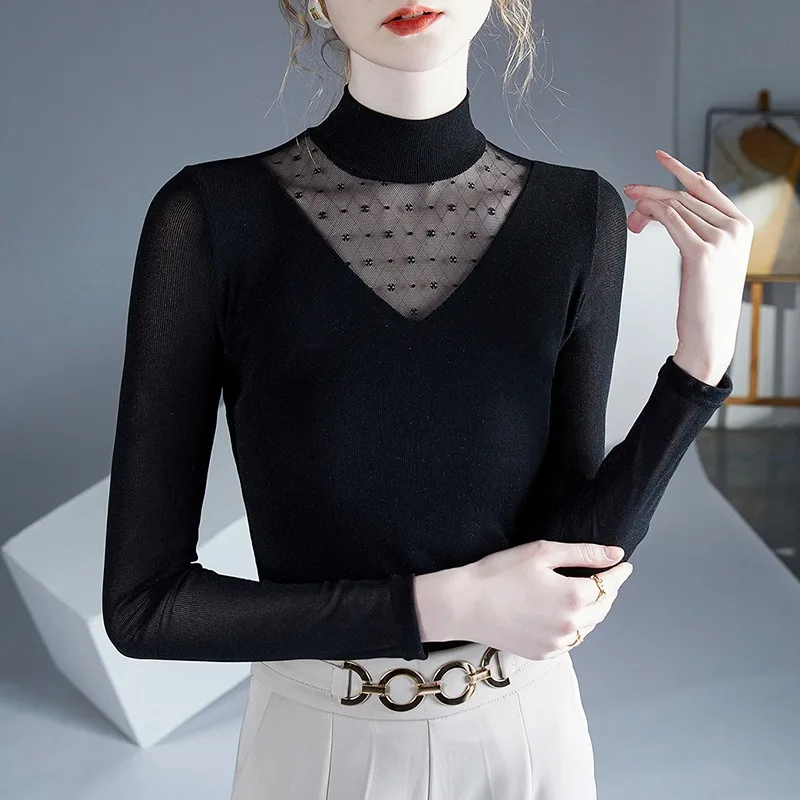 New Half-high Neck Mesh Long-sleeved Black Bottoming Shirt Fashion Spring and Fall Inner Bottoming Small Shirt Women's Tops