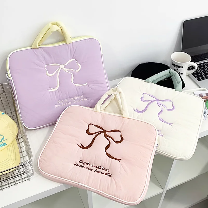 Borsa per Laptop adorabile da donna borsa per Computer portatile con cerniera protettiva in tela morbida Bowknot per ragazze