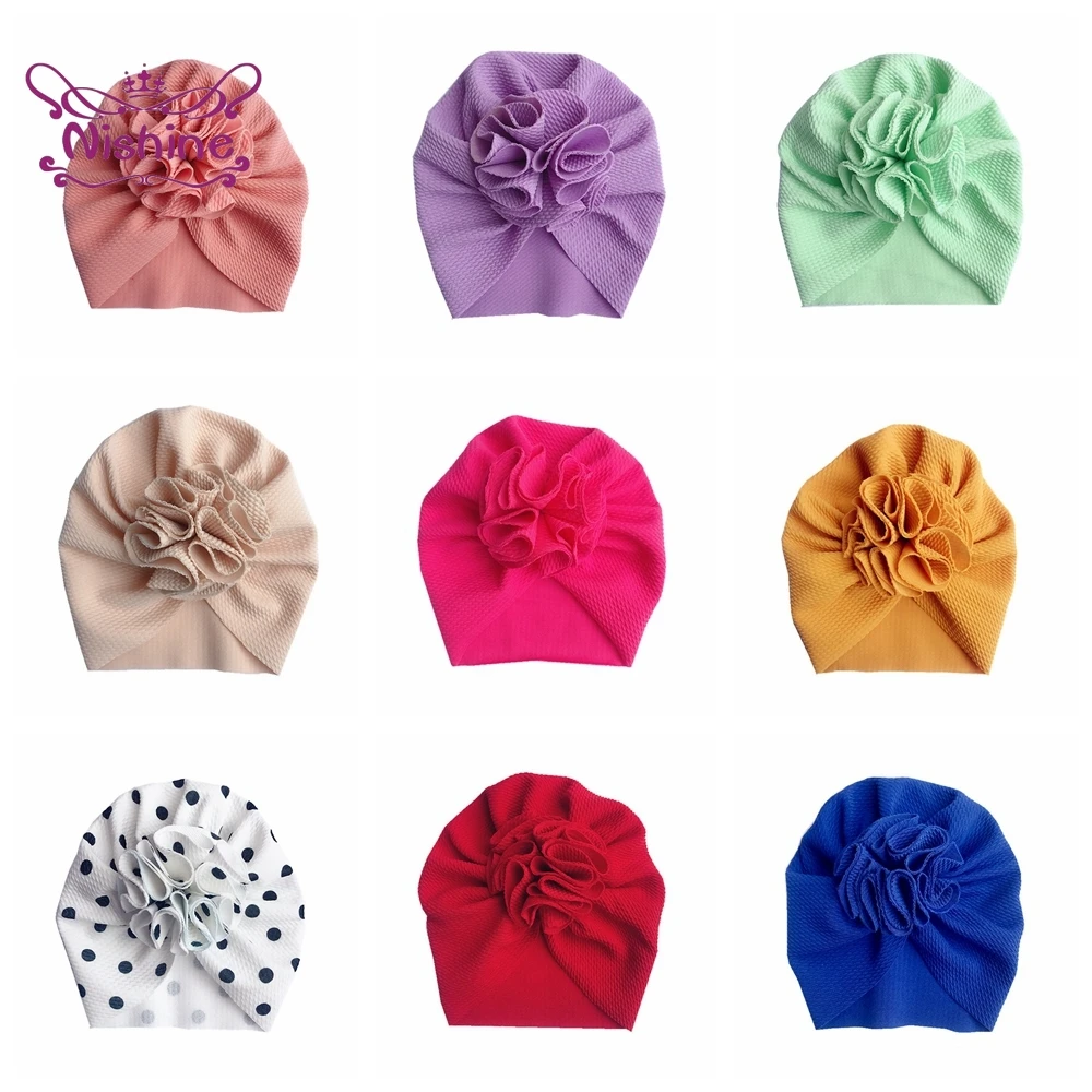 1PCS Solid Nursery Hospital Turban Hat Cap Beanie Bonnet with Big Flower for Baby Girls Toddlers Newborns Infants Headwear