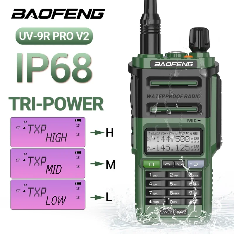 Baofeng-walkie-talkie UV 9R Pro v2, radio bidireccional, resistente al agua IP68, cargador tri-power tipo C, doble banda, Ham, CB, UV 9R plus