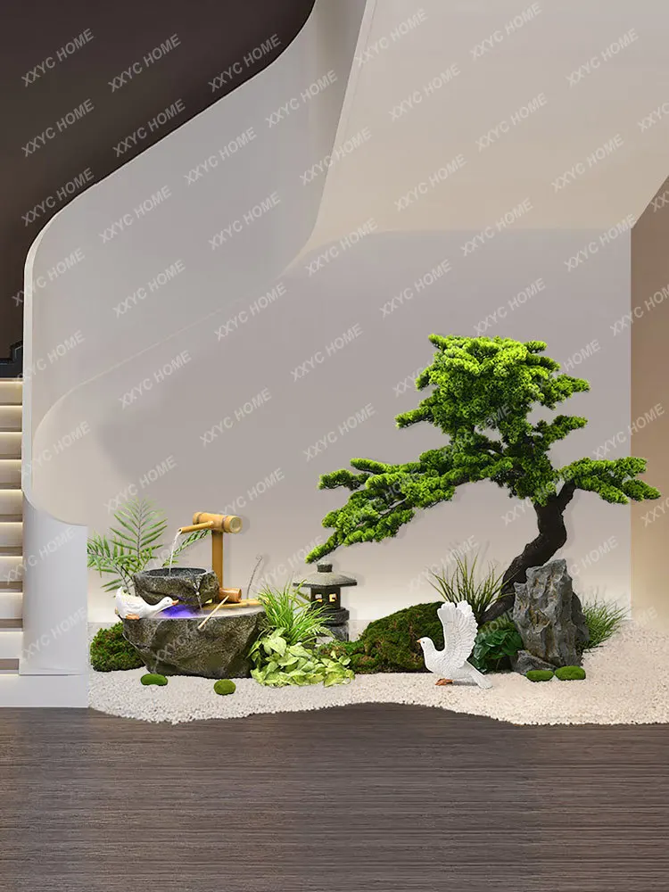 Indoor Stairs Landscape Water Landscape Furnishing Articles Circulating Water Simulation Green Plant Company Corner