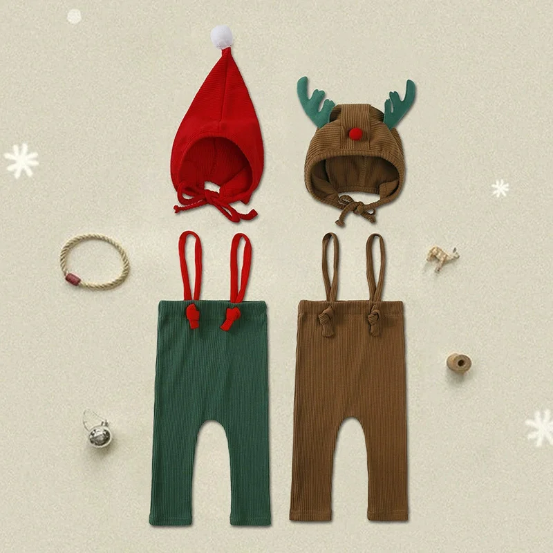 2025 Christmas Cute Baby Boy Girl Leggings Pants with Hat Solid Ribbed PP Clothes Toddler Trousers Overall Newborn Bodysuit