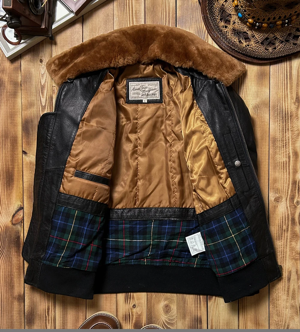 Black Autumn Pilot Leather Jacket Men Military Style Wool Collar Plus Size 3XL Genuine Natural Sheepskin Flight Leather Coat