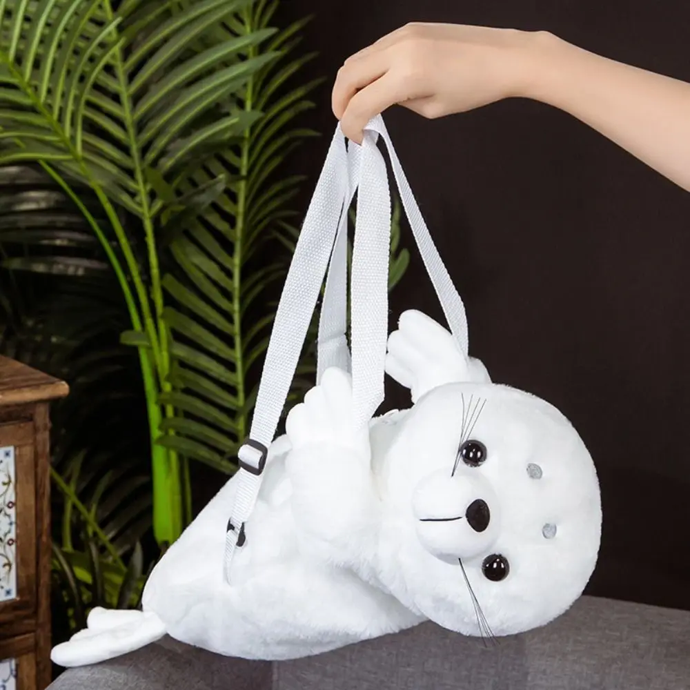 Joli cartable en peluche avec sceau, sac à bandoulière, mignon sac à dos en peluche blanc de 50CM, sac Lion de mer de dessin animé pour bébé