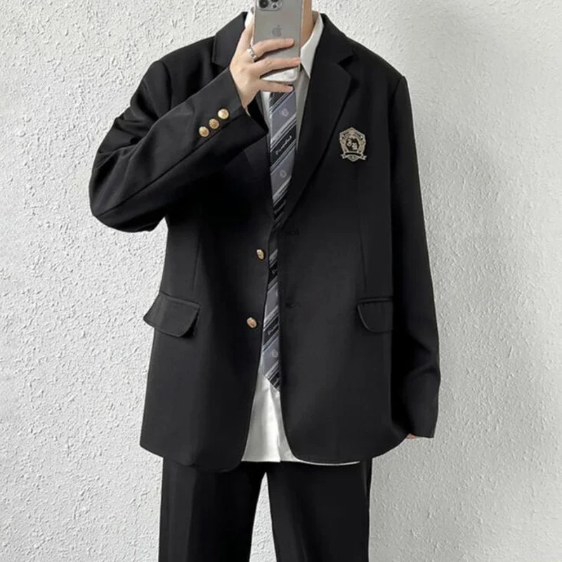 Black Casual Suit Jacket Men Loose High Street Blazer Jacket Korean Trend JK Dk School Uniform Preppy Cool Teenagers Suit Coat