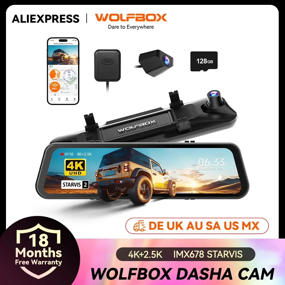 WOLFBOX G900 PRO Dash Cam 4K + 2.5K DVR per auto Controllo vocale 5GHZ Videoregistratore WI-FI e GPS Telecamera anteriore e posteriore