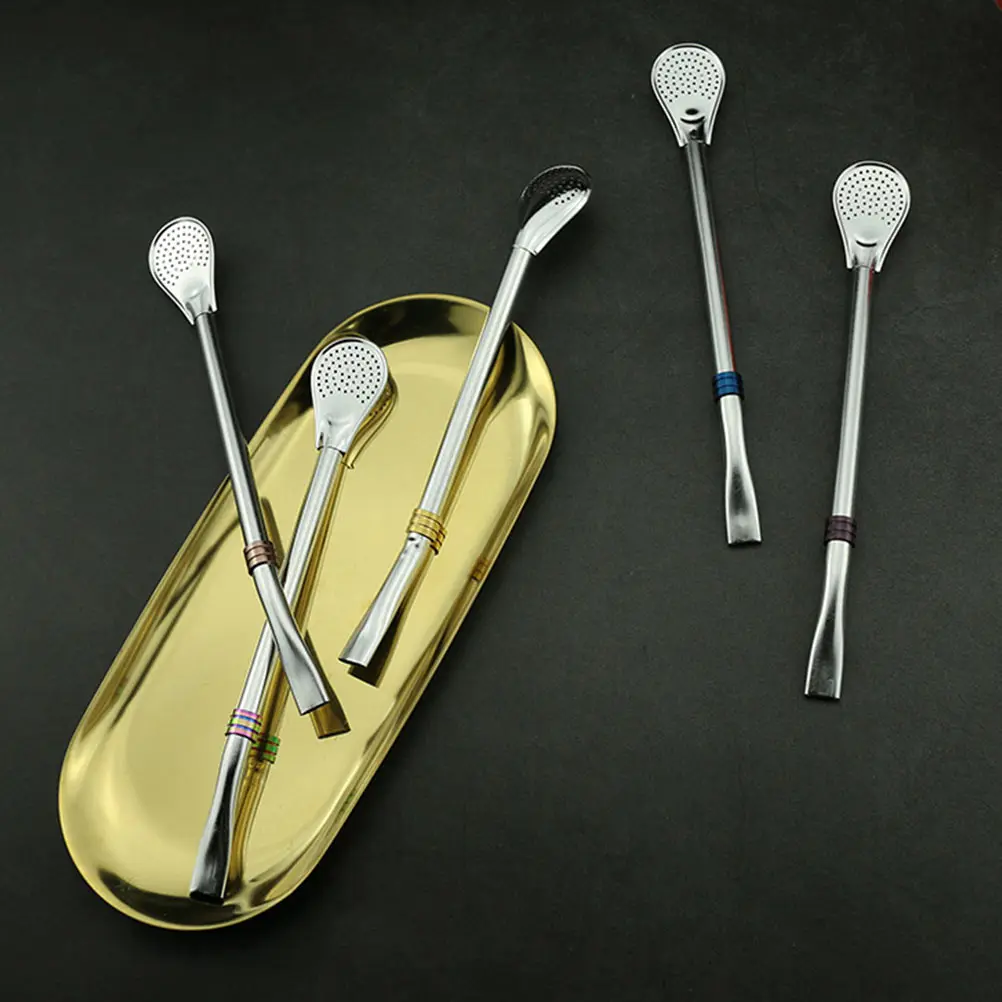 

5pcs Stainless Steel Straw Spoon With Hollow Out Filter For Coffee Tea Mixing Stirring Swizzle Stick Bar Bistro Kitchen Barware