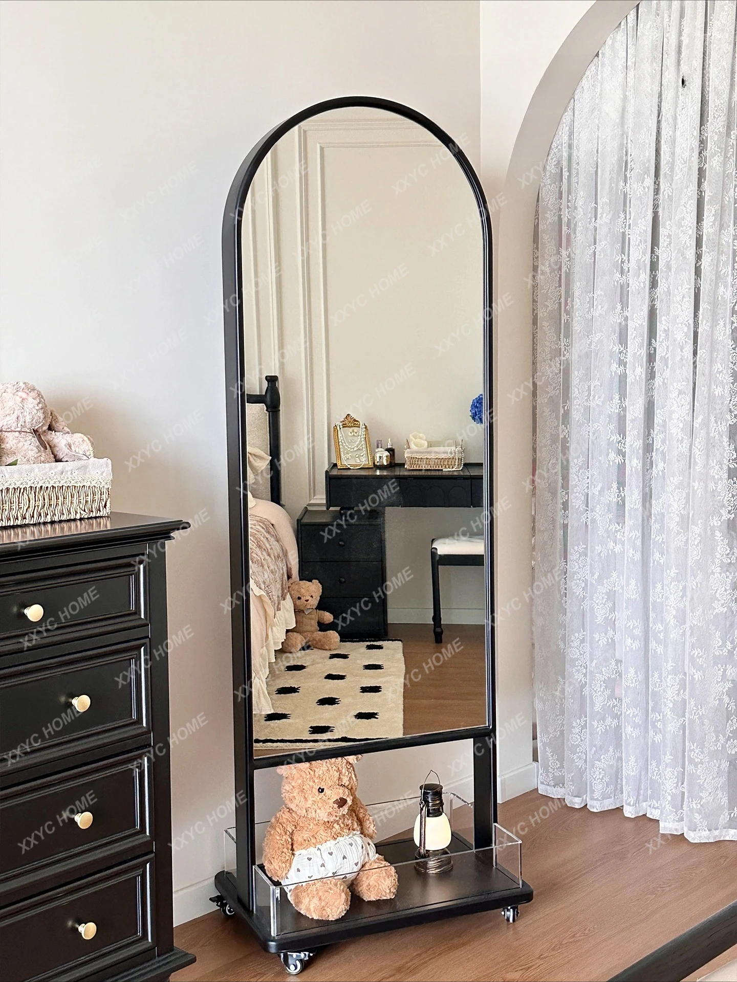 Solid wood rotating full-length mirror magazine rack household mobile floor mirror medium antique retro full-body mirror