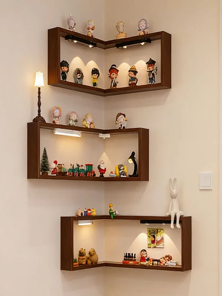 90° Corner Wall Mounted Display Cabinet Wooden Dustproof Shelf for Pop Mart Blind Box Action Figure Collectibles Doll Home Wall