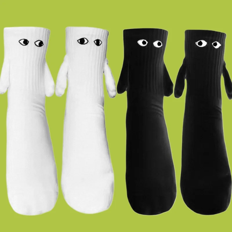 

1 Pair 2024 New Fashion Woman Socks Funny Creative Magnetic Attraction Hands Black White Cartoon Eyes Couples Socks