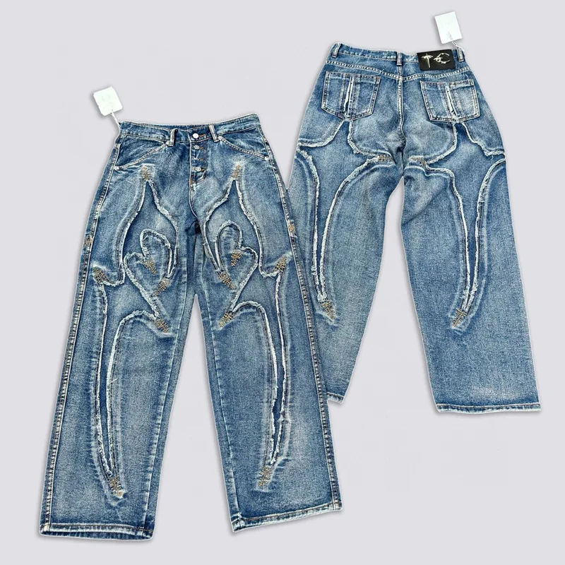 Blue Thug Club Embroidery Spider Web Pattern Jeans Men Women High Quality Vertical Loose Fit Wide Leg Denim Pants Trousers image 3