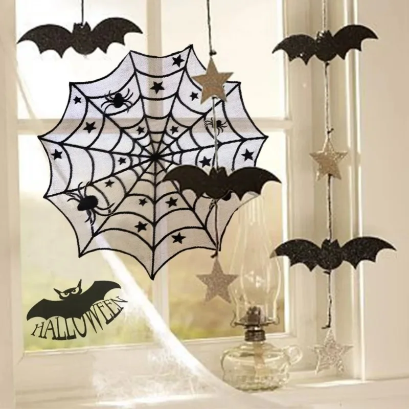 Halloween Black Lace Spider Web Tablecloth Horror Table Cover Window Hanging Decor Haunted House Party Decoration Supplies Prop