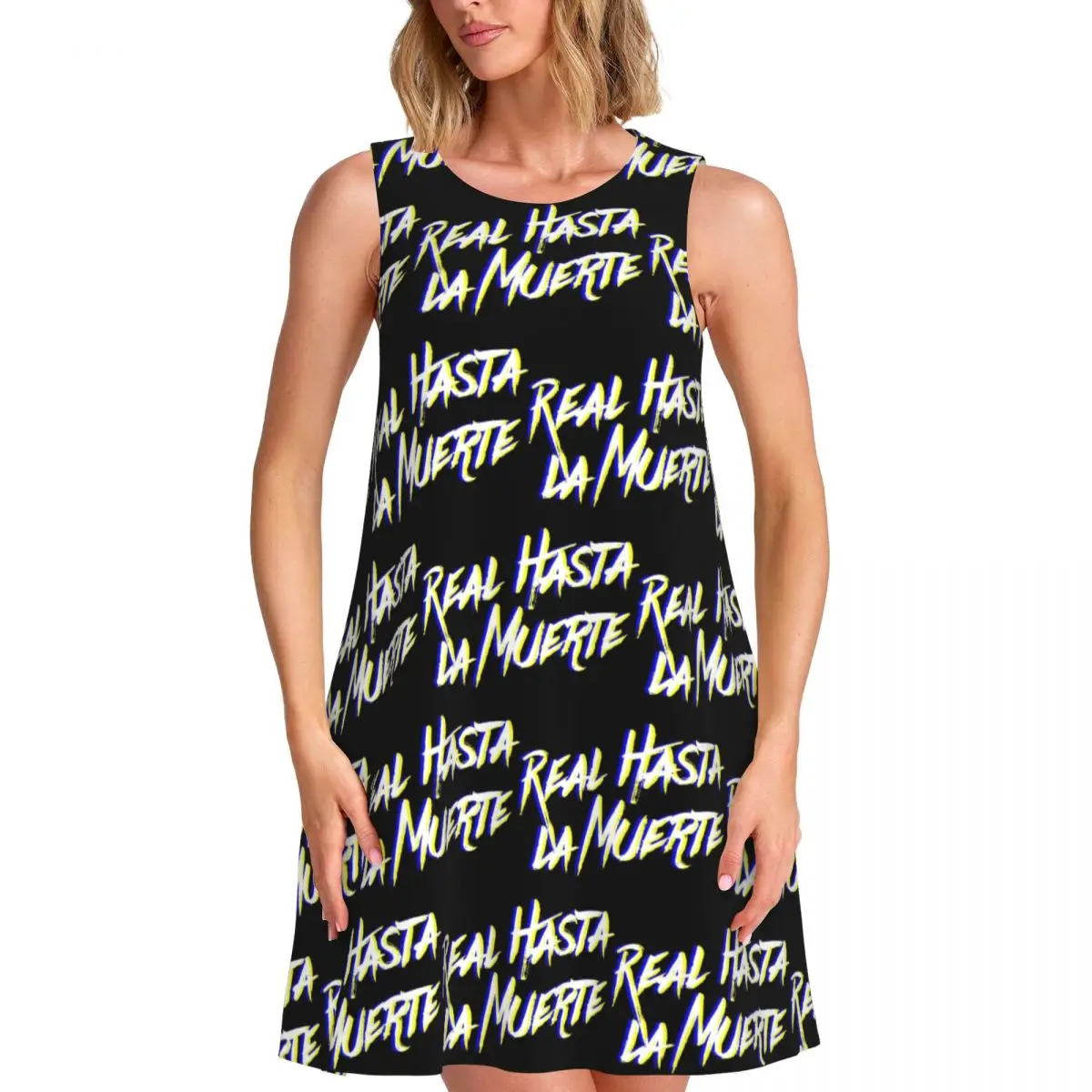 

Custom A-Anuels Real Hasta La Muerte Logo Loose Sundress With Pocket Printed Women's Sleeveless Dress For Beach Vacations Dress
