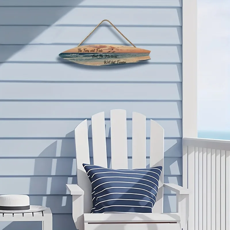 ديكور حائط على شكل لوح ركوب الأمواج على الشاطئ - فن المناظر البحرية الاستوائية على مادة تشبه الخشب - تصميم خفيف للاستخدام الداخلي/الخارجي
