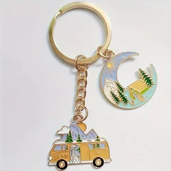 1 piece Enamel Moon Car Lady Key Chain Winter Scenery Tourist Souvenir, Design for Campers and Travel Lovers, Thanksgiving Gift