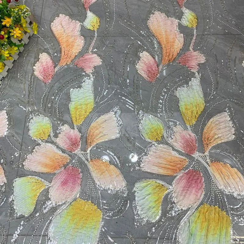 90x125cm Farbig bedruckter Paillettenstoff, Perlenbestickter Tüllstoff, DIY-Nähmaterial, Netzstoff für Bekleidung – Detail 4