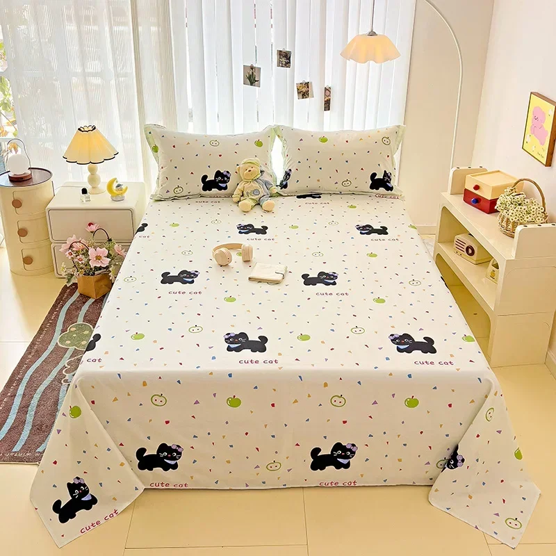 Cartoon Black Cat Bed Sheet Set for Kids Girls Cotton Cute Pet Kitten Print Fitted Sheet Kawaii Apple Flat Sheet with Pillowcase