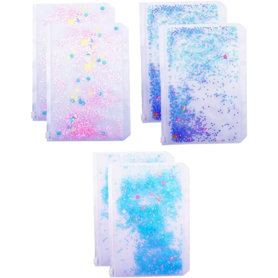 

6PCS A5 6 Holes Binder Pockets Plastic Zipper Envelopes Pouch for A5 6Ring Binder Notebook Builtin Glitter Flakes Sta tion Pink