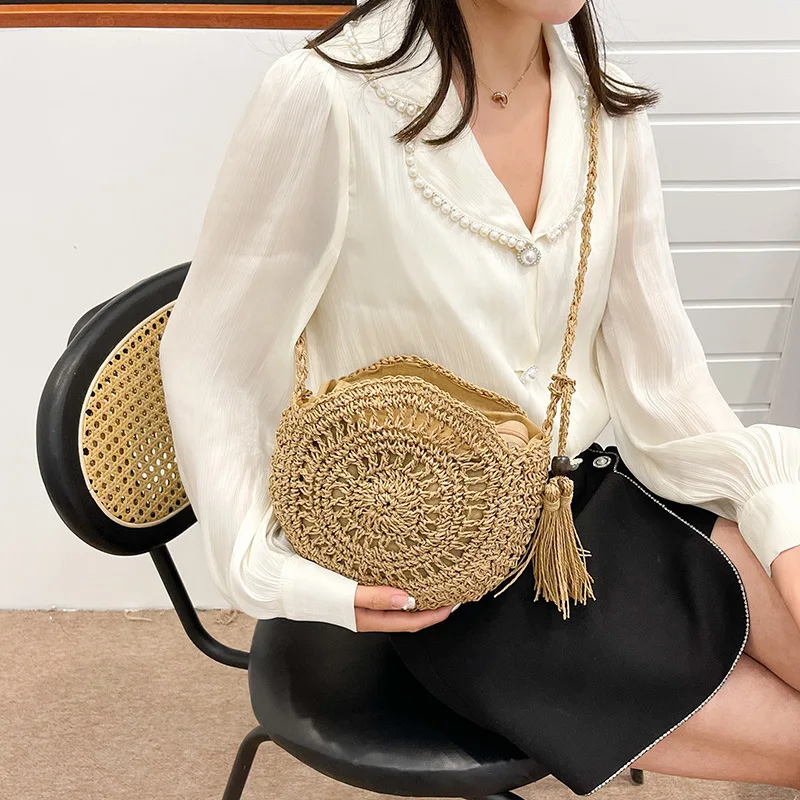 Rattan gewebte Frauen Stroh Umhängetasche kleine Clutch Geldbörse und Handtasche Sommer Strand tasche Frau Quaste Schulter Umhängetasche – Detail 5