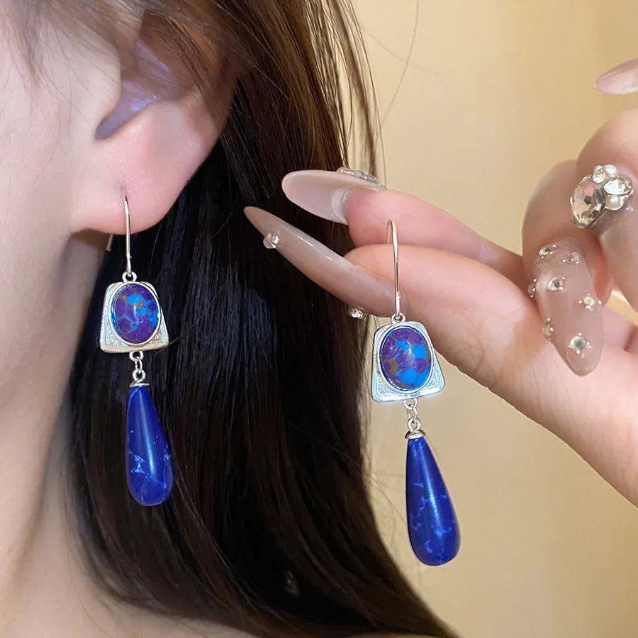 Dark Blue Water Drop Stone Dangle Earrings Women Vintage Irregular Marbled Ear Hooks Creative Fashion Jewelry Gifts Banquet K