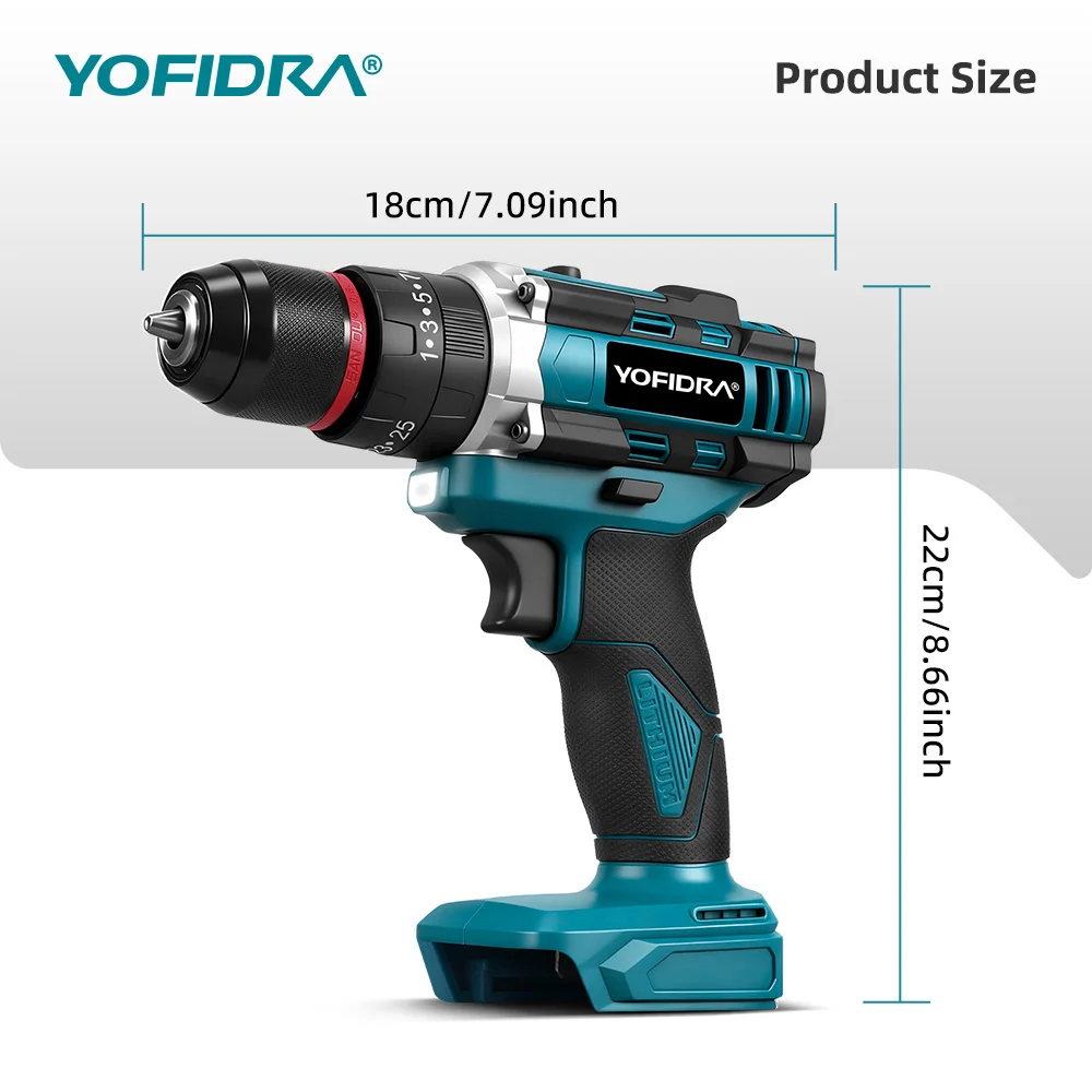 YOFIDRA 3-in-1 Elektrischer Schlagbohrer 25+3 Drehmomentstufen Handgeführter Akku-Schlagbohrer Holzbearbeitungs-Elektrowerkzeug für Makita 21V Akku – Detail 6
