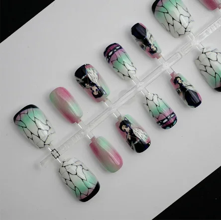 

Iguro Obanai Uzui Tengen Tokitou Muichirou Kanroji Mitsuri Kochou Shinobu Fake Nail Anime Gradient Manicure Nail Art Accessories