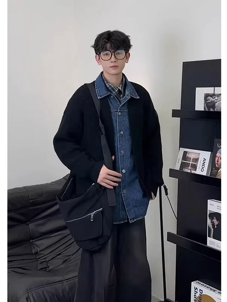 

Men's Denim Patchwork Knitted Cardigan Jaet Loose Fit Casual Sle Korean High-End Sweater Autumn Season Long Sve